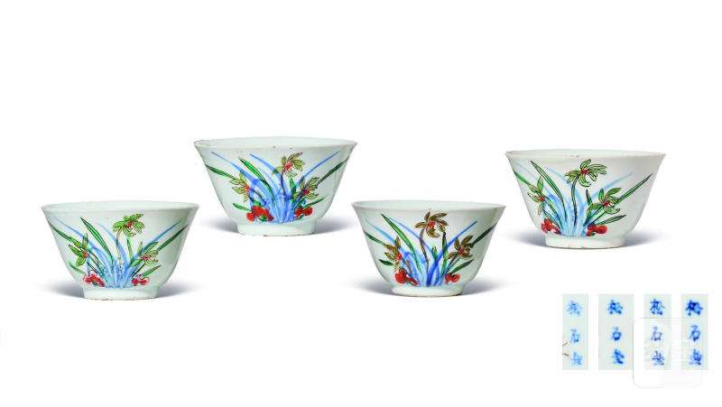 明天启—崇祯  青花五彩兰花杯（一组 4 只）